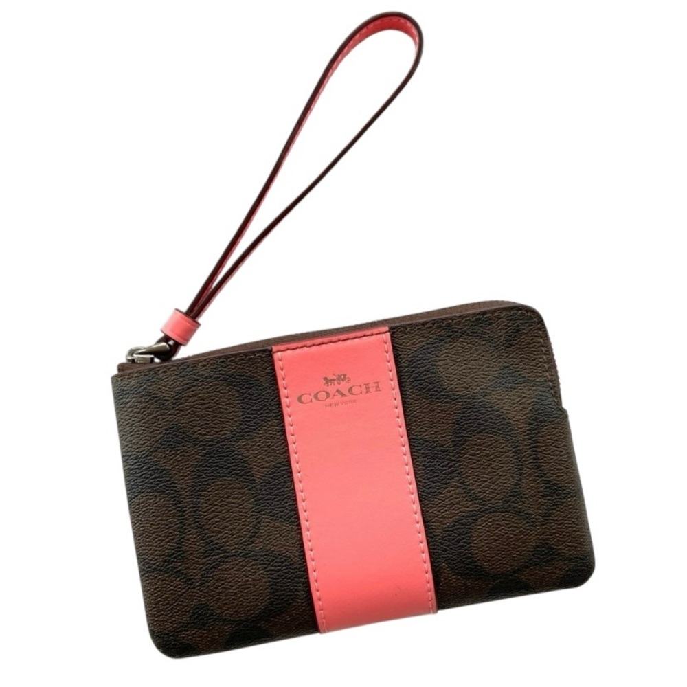 Coach Corner Zip Wristlet In Signature Coated Canvas With Coral Pink Stripe EUC